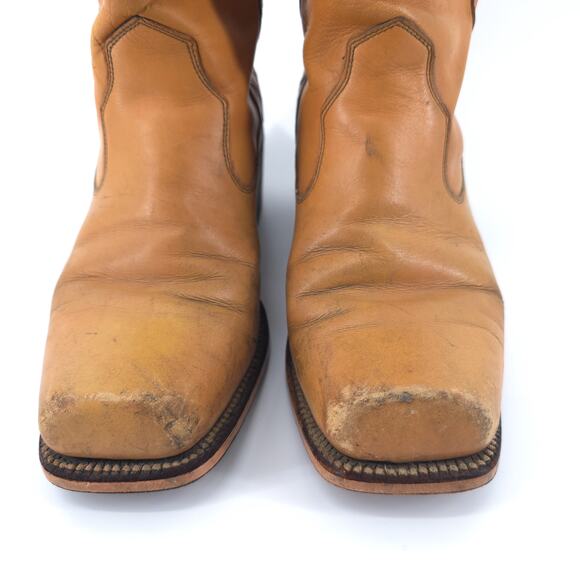 Vintage Johnny Ringo Cowboy Boots Men 8D Square Toe Tan Bull Hide Western Rodeo - Picture 4 of 14